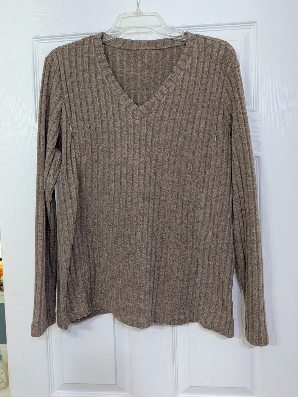 Ribbed V-Neck Long Sleeve Shirt with Zipper Nursing Access